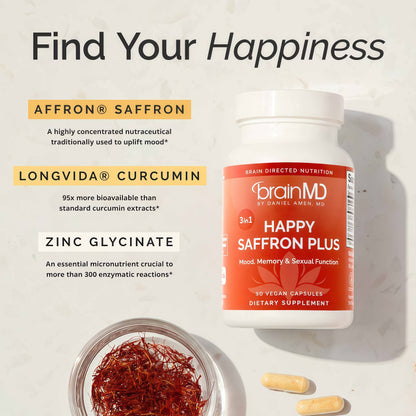 BRAINMD Dr Amen Happy Saffron Plus - 90 Capsules - with Saffron Flower Extract, Curcumin & Zinc - Vegan, Gluten Free - 30 Servings