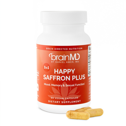BRAINMD Dr Amen Happy Saffron Plus - 90 Capsules - with Saffron Flower Extract, Curcumin & Zinc - Vegan, Gluten Free - 30 Servings